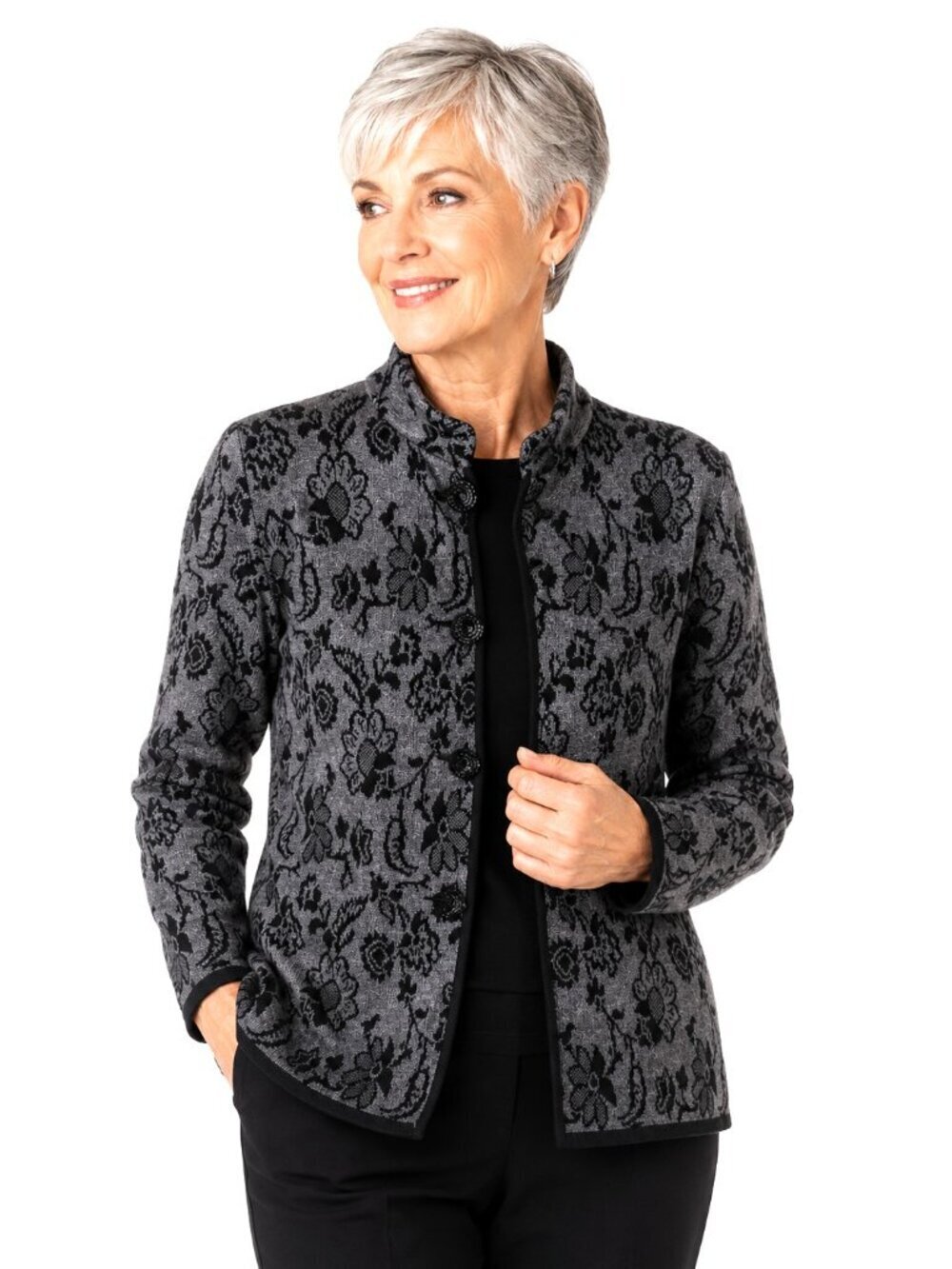 Skovhuus Denmark Black Grey Floral Print Cotton Cardigan